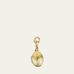 Engraved chain locket charm by Ben-Amun. 24-karat gold electroplating. Approx. 1.50"L x 0.75"W. Lobster claps. Made in USA. Yellow Gold Locket Necklace With Charms, Gold Jewelry With Logo Charm For Collectors, Gold Metal Pendant Locket Necklace, Amulet Locket Necklace With Charms As Gift, Amulet Locket Necklace With Charms For Gifting, Gold Vintage Charm Round Pendant, Gold Round Pendant Charms With Vintage Charm, Antique Gold Jewelry With Round Pendant Charms, Gold Round Pendant With Vintage Charm