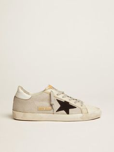 Women’s Super-Star sneakers in leather with mesh insert | Golden Goose Sporty Sneakers With Perforated Toe Box For Fall, Fall Sneakers With Perforations, Fall Sneakers With Perforations And Round Toe, Golden Family, Kids' Bag, Exclusive Sneakers, Vintage Soul, Lace Socks, Golden Goose Shoes