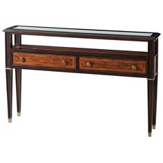 a wooden console table with two drawers on one side and a glass top on the other