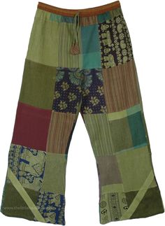 This fresh off the oven style for summer is chic, boho, unrestricted and so enviro-friendly with its recycled patchwork design and a pocket on either side. The coloration is mainly green, but also has some blue, purple, brown on different patchwork prints, etc. These cotton pants are worn as a loose fit and therefore are airy and comfortable with elastic and drawstring on the waist some of the patches are slightly sheer. Colorful printed and plain patch-work and over-dye ethnic design cotton tro Green Patchwork Bottoms For Summer, Summer Green Patchwork Bottoms, Bohemian Cotton Bottoms With Floral Patchwork, Green Patchwork Pants For Spring, Bohemian Patchwork Pants For Spring, Bohemian Cotton Pants With Floral Patchwork, Bohemian Cotton Bottoms With Patchwork, Hippie Cotton Bottoms With Floral Patchwork, Summer Hippie Patchwork Pants