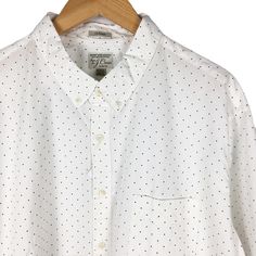 J. Crew Men's Classic Fit Stretch Secret Wash Shirt Fall 2019 Style #Aa260 Color: Mdi Mini Dots White With Navy Blue Mini Polka Dots. J. Crew Describes Classic Fit As: A More Traditional Full Cut, Roomier In The Body And Sleeves. Button-Down Collar, One Chest Patch Pocket, Curved Hem, Single Rear Box Pleat. Secret Wash Shirts Have A Washed, Broken-In And Wrinkled Look. Lightweight 98% Organic Cotton, 2% Elastane Poplin Fabric. Machine Wash. Condition: New With Tag (Part Of Tag Is Torn Off). Neve Cotton Polka Dot Shirt With Button Closure, Polka Dot Cotton Shirt With Button Closure, Collared Cotton Polka Dot Tops, Relaxed Fit Cotton Polka Dot Tops, Collared Polka Dot Cotton Top, Polka Dot Collared Cotton Top, Long Sleeve Polka Dot Top With Relaxed Fit, Polka Dot Cotton Collared Top, Polka Dot Long Sleeve Top With Relaxed Fit