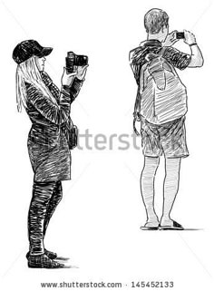 a man and woman taking pictures with their cell phones, hand drawn in black and white