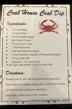 a menu for crab house crab dip