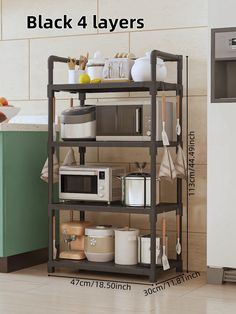 the kitchen has four shelves with different types of items on them