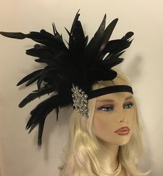 "1920s Flapper, Great Gatsby, Black Gatsby Headpiece, Flapper Headband, Jazz Age, Roaring 20s, Rhinestone Feather Headdress, 1920s, NYE Absolutely stunning headpiece! This is a large dramatic piece, do not wear if you don't want to be the center of attention ; ~) Headbands are handmade, hand stitched, (machine stitched for larger feathers) not held together with only glue so you don't have to worry about it heating up and falling apart. With proper storage they will last for many years. *store f Great Gatsby Makeup, Trash Couture, Jubilee Ideas, Red Flapper Dress, Art Deco Headpiece, 1920s Mens Fashion, Gatsby Headpiece, 1920s Headpiece, Harlem Nights