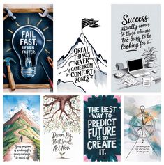 four different posters with the words, success, and great things in each one's image