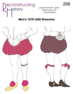 "Downloadable patterns with complete instructions and historical notes for man's breeches circa 1570-1600 (aka Trunkhose or \"Pumpkin Pants\"). Fits waists 28\"-50\". All sizes are included in one digital download. Also included are assembly instructions, embellishment suggestions, and the extensive historical notes you've come to expect from Reconstructing History. Your purchase delivers as a PDF download. Just open and print on your home computer. (Full size print shop versions available upon Historical Clothing Men, Pumpkin Pants, Corset Pattern, Silk Stockings, Pants Sewing Pattern, Coat Patterns, Historical Clothing, Pants Pattern, Silk Ribbon