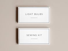 two business cards with the words light bulbs and sewing kit printed on them in black ink