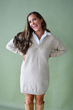 "Be both classic and chic in our Kirsten Sweater Dress - a cozy layered look with a peek of a white button down. Made from super soft fabric, this dress pairs perfectly with tall boots or flats. Perfect for any occasion! Product Details: Measurements: BUST : small 20” medium 21” large 21.5” LENGTH : small 32” medium 33” large 34” 74% acrylic 22% polyester 4% spandex faux button down layer long sleeves true to size model wearing size small model stats: size 4, 5'4 Classic V-neck Mini Dress For Daywear, Casual Collared Winter Dress, Beige Dress For Fall Layering, Beige Dress For Layering In Fall, Cream V-neck Sweater Dress For Fall, Fall Cream V-neck Sweater Dress, Casual Button-up Winter Mini Dress, Casual Button-up Mini Dress For Winter, Casual Beige Sweater Dress For Daywear