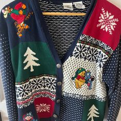 Vintage Christmas Disney Store Sweater Cardigan Size Large Pooh Disney Christmas Sweater, Vintage Christmas Sweater, Sweaters Vintage, Vintage Christmas Sweaters, Christmas Disney, Interesting Outfits, Disney Sweaters, Disney Christmas, Fit Inspo