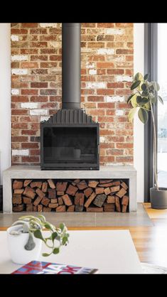 a living room with a fire place in the middle of it and a potted plant next to it