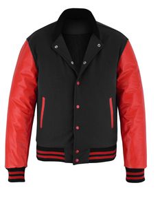 Varsity Letterman Baseball BLACK Wool and Red Genuine Leather Sleeves Jacket with Red Trims If your required Size & Color Combination is not listed then please contact with us We will respond you as soon as possible the estimated time is 12 Hours, All Sizes & Color Combinations are Available. The quality of the varsity jacket is the finest in the field. 100% high quality Wool. A fine quilt lining with Wool trimmed inside pocket are all part of the complete package. Each varsity jacket design is Classic Red Outerwear For College, Classic Red Varsity Jacket For Winter, Red Varsity Jacket For Winter, Black Varsity Jacket With Contrast Collar For Winter, Fitted Black Varsity Jacket With Padded Collar, Black Outerwear With Contrast Trim For Streetwear, Red Outerwear With Padded Collar For Streetwear, Classic Black Outerwear With Contrast Trim, Red Fitted Varsity Jacket For College