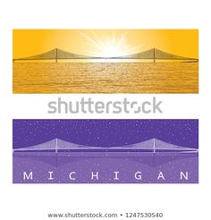 three different views of the bridge at sunset or sunrise, michigan and michigan - stock photo