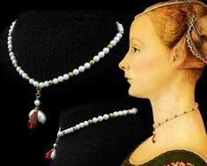 "Italian Renaissance Necklace inspired on a late 15th century portrait of Piero Pollaiuolo. The most original and beautiful Italian Reenactment Necklace. Perfect Renaissance jewelry for a date, for your historical costume, historical party, or renaissance and medieval event, renaissance faire ... So simple and so elegant. The best combination of colors for your historical suit: White, gold and red. This is one of the simplest reproductions I make, and the one I like the most! It's a necklace tha Elegant Baroque Necklace With Historical Design, Elegant Gold Costume Jewelry, Elegant Gold Jewelry For Costume, Baroque Historical Design Necklace For Gift, Baroque Historical Design Necklace For Wedding, Baroque Necklace With Historical Design For Weddings, Baroque Necklace With Historical Design As A Gift, Baroque Necklaces With Historical Design For Wedding, Baroque Wedding Necklace With Historical Design