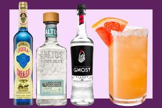 three different types of alcoholic beverages on a purple background