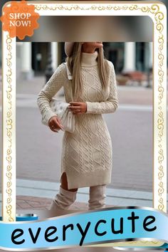 Ladies Elegant Autumn and Winter Knitted Sweater Dress Casual Ladies Solid Color Long-sleeved High-neck Split Tight Dress Knitted Sweater Dress, Long Sleeve Turtleneck Dress, Sweater Dress Casual, Turtleneck Sweater Dress, Comfortable Sweater, Long Sleeve Pullover Sweater, Linnet, Sweater Dress Women, Bodycon Fashion