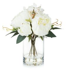 white flowers in a clear vase on a white background