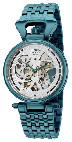 From the Objet D Art Collection by Invicta this Green, Women's  Watch is powered by a high-quality 2650 (Nickel) movement. This Invicta Watch has a 36 millimeter Green case, that is protected by Flame Fusion crystal. It is water-resistant up to 50 meters. Invicta Model 38394 comes with a three-year warranty from InvictaStores.com. Green Watches With Skeleton Dial, Green Watch With Metal Dial For Gift, Green Watch With Metal Dial As Gift, Green Skeleton Dial Watch, Watches 2022, Invicta Watches Women, Green Cases, Invicta Watches, Streamline Design