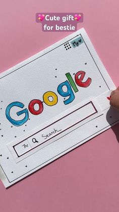 someone is holding a google gift card in front of a computer keyboard and mouse on a pink background with the text, cute gift for bestie