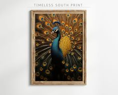 a painting of a peacock with feathers on it's back and the words timeless south print above it