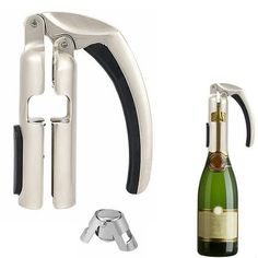 a bottle opener with a wine glass in front of it next to a corkscrew