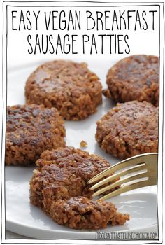 easy vegan breakfast sausage patties on a plate with a fork