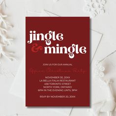 a red and white wedding card with the words, jungle & mingle on it