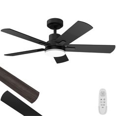 a ceiling fan and remote control on a white background