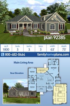 two story house plan with 3 bedroom and 2 bathrooms in the front, three car garage on