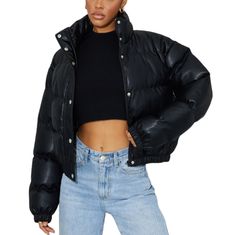 - Size: L (Equivalent To 10/12) - Bust: 39" - 41" - Waist: 32" - 34" - Length: 23" - Color: Black - Puffer Jacket - Black Faux Leather Material - Elastic Hem Design - Snap Button-Up Detailing - Zippered Closure Leather Outerwear For Cold Weather, Fitted Faux Leather Winter Outerwear, Fitted Faux Leather Outerwear For Winter, Faux Leather Outerwear For Cold Winter Weather, Faux Leather Outerwear For Winter, Casual Faux Leather Winter Outerwear, Fall Faux Leather Outerwear In Solid Color, Fall Faux Leather Outerwear, Fall Leather Puffer Jacket