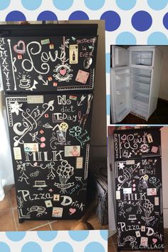 a refrigerator covered in lots of writing and magnets next to a wall with polka dots