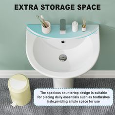 a bathroom sink with the caption extra storage space