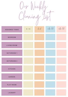 the weekly cleaning list is shown in pastel colors