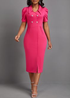 Pink Buttoned Midi Dress For Party, Fitted Knee-length Bodycon Dress With Buttons, Fitted Bodycon Dress With Buttons, Pink Buttoned Office Dress, Pink Buttoned Knee-length Midi Dress, Pink Knee-length Buttoned Midi Dress, Pink Knee-length Midi Dress With Buttons, Knee-length Bodycon Dress With Button Closure, Fitted Midi Dress With Side Buttons