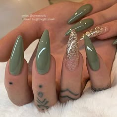 Nails Fancy, Olive Nails, Long Almond Nails, Travel Tattoos, Green Acrylic Nails, Green Nail Designs, Fall Acrylic Nails, Almond Nails Designs, Nail Swag