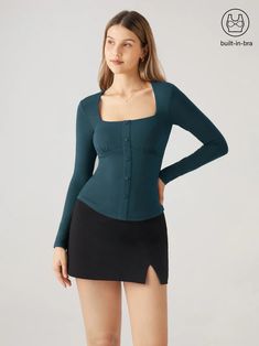 Ogl Square Neck Placket Brami Top – OGLmove Fitted Square Neck Top With Buttons, Chic Square Neck Top With Button Closure, Chic Square Neck Top With Buttons, Chic Square Neck Tops With Buttons, Brami Top, Square Neck Long Sleeve Top, Square Neck Long Sleeve, Capsule Outfits, Bra Pads