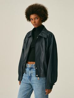 This jacket is made from vegan leather fabric and features a front zip-up opening enhanced with a placket detail for an elegant touch.- Intricate embroidery details on the front, sleeves, and back panels- The design complemented by collar detailing- Front snap openings and banded sleeves and hem* Please note that the color may vary slightly depending on your monitor and smartphone model. Luxury Leather Jacket With Zipper For Fall, Luxury Fall Outerwear With Zipper Closure, Leather Outerwear With Zip Cuffs For Fall, Spring Leather Jacket With Zip Cuffs For Work, Chic Leather Jacket With Zip Cuffs And Long Sleeve, Chic Long Sleeve Leather Jacket With Zip Cuffs, Fall Leather Jacket With Zip Cuffs, Fall Leather Jacket With Zip Cuffs And Long Sleeves, Classic Fall Outerwear With Zip Cuffs