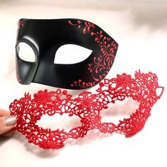 Choose this Red Black Masquerade Masquerade couples set for your next Holiday Party. Enjoy your evening with this elegant couples set in Red and Black colors. This couple's Masquerade Mask pairing complements any formal attire you choose for your masquerade Ball event. I N C L U D E D Available for purchase individually or as a couple's set. Masks come with matching double sided satin ribbons attached. S H I P P I N G - Last minute masquerade mask shopping? Processed same day or within 24 hours. Handmade Masquerade Mask For Carnival Halloween, Handmade Masquerade Mask For Halloween Carnival, Handmade Masquerade Mask For Halloween, Artistic Red Masks For Costume Party, Artistic Red Mask For Costume Party, Handmade Halloween Masquerade Eye Mask, Handmade Halloween Eye Mask For Masquerade, Handmade Halloween Eye Masquerade Mask, Artistic Red Masquerade Mask