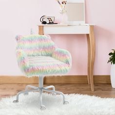 a chair that is sitting in front of a desk with a white rug on it