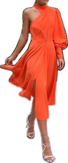 Women's Dresses, Sleeve Dress, One Shoulder, Dresses With Sleeves, Long Sleeve Dress, Womens Dresses, Orange, Long Sleeve, Green