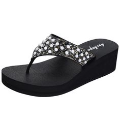 PRICES MAY VARY. 100% Synthetic . EVA Yoga Foam Flexible Sole. 1.9-inch heel and 0.7-inch front platform give these rhinestone embellished sandals the comfort of a flip-flop and the beauty of a fashion shoe. The Ladies Flip-Flops Sandals are marshmallow soft yet highly durable. You can enjoy walking with sufficient support without pain. Rhinestone embellished: The flip flops feature an exquisite rhinestone design on the strap, adding a touch of glamour and sophistication to your outfit. Whether Embellished Synthetic Toe Post Sandals, Synthetic Toe Post Sandals With Rhinestones, Synthetic Rhinestone Wedge Sandals For Beach, Synthetic Open Toe Wedge Sandals With Rhinestones, Open Toe Synthetic Wedge Sandals With Rhinestones, Synthetic Wedge Sandals With Rhinestones For Vacation, Synthetic Rhinestone Wedge Sandals For Vacation, Vacation Synthetic Wedge Sandals With Rhinestones, Black Wedge Sandals With Rhinestones For Summer