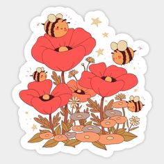 some red flowers and two bees on them with stars in the sky behind it,