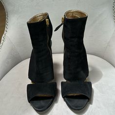 Miu Miu Cutout Booties, Suede, Peep Toe, Black With Gold Tone Zippers, Gold Leather Lining, Size 8 1/2, Made In Italy. Great Condition, Very Flattering. Miu Miu Shoes, Gold Leather, Suede Booties, Miu Miu, Bootie Boots, Ankle Boots, Women Shoes, Italy, Boots