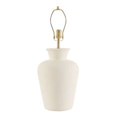 a white vase with a gold handle and a light on it's side, against a white background