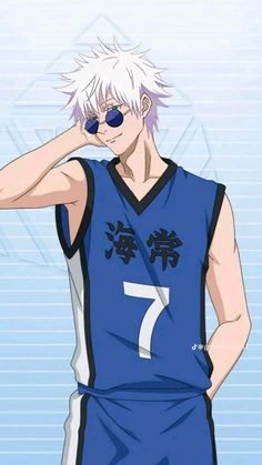 an anime character with white hair and glasses on his face, wearing a blue uniform