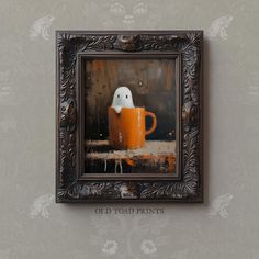 an oil painting of a ghost in a mug