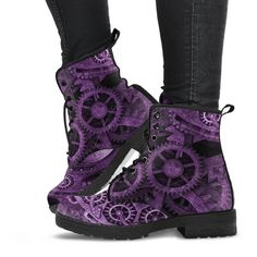 Iconic clockwork gear design in purple tones printed on a Vegan Leather Combat boot.  Custom printed and then lovingly handcrafted into these extra comfortable combat style boots.    These stunning boots have a rounded toe and lace up for a snug fit.   The sole is made of high quality rubber, excellent for traction and durability.   All of my Vegan Leather Boots are custom-made-to-order and handcrafted to the highest quality standards. Features vegan-friendly leather with a double-sided print an Purple Steampunk, Steampunk Clockwork, Steampunk Man, Steampunk Boots, Doc Martens Style, Martens Style, Purple Gothic, Purple Boots, Combat Style