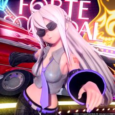 a woman with white hair and sunglasses standing next to a red car in front of a neon sign