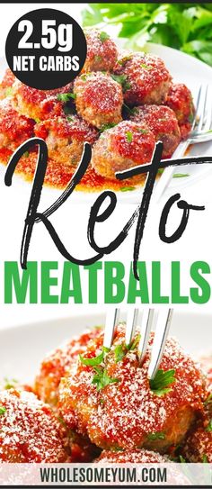 keto meatballs on a white plate with text overlay