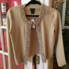 Gorgeous Evie Jacket!! Beautiful Jeweled Trim 55% Silk Chic Holiday Formal Outerwear, Spring Evening Cardigan, Chic Holiday Outerwear, Classic Spring Evening Outerwear, Classic Evening Outerwear For Spring, Evening Cardigan For Spring, Classic Spring Outerwear For Party, Spring Evening Beige Outerwear, Beige Evening Outerwear For Spring